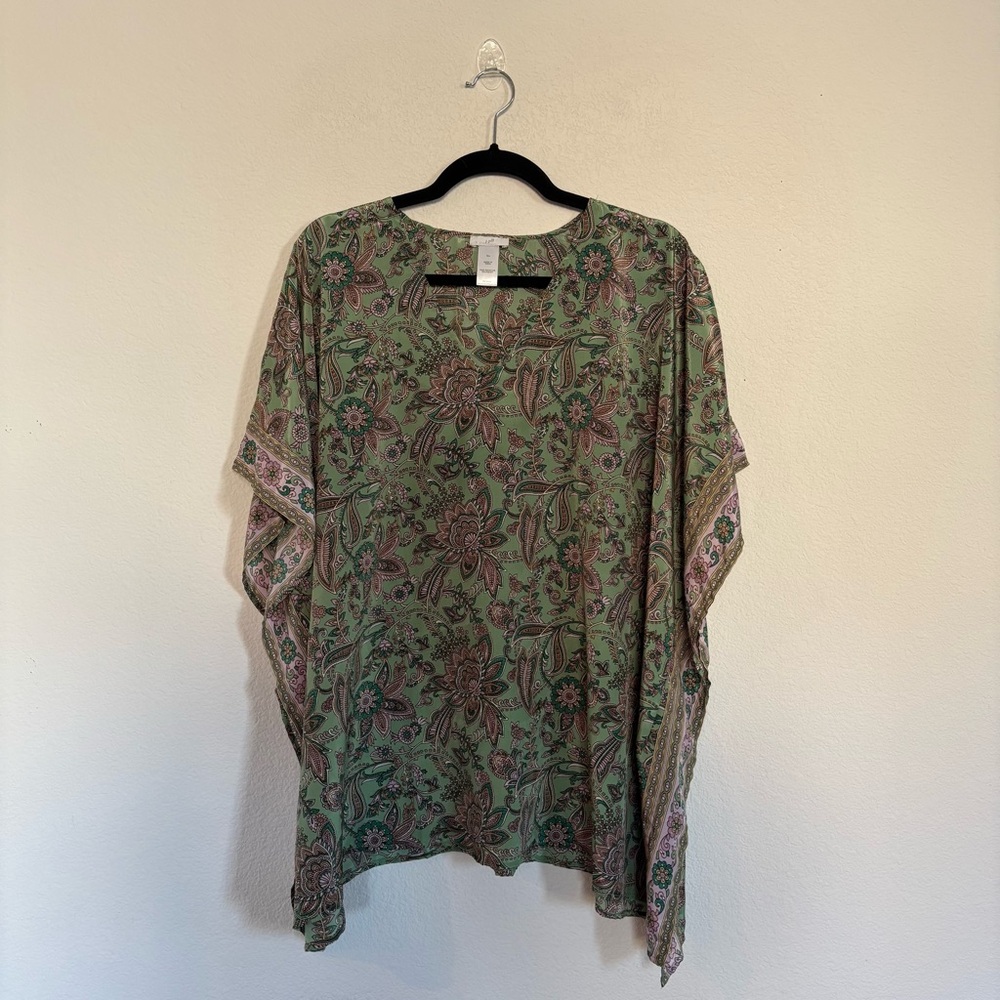 J. Jill Woodcut Jacobean Printed Poncho Top Garden Green‎
